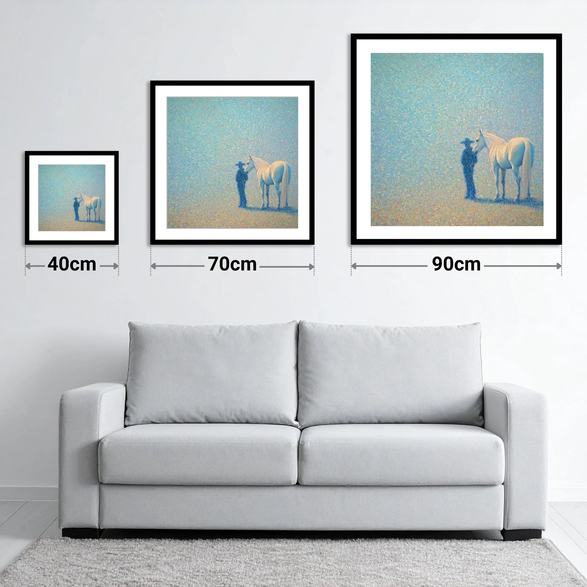 Echoes of the High Plains - size guide showing 40cm, 70cm and 90cm art prints