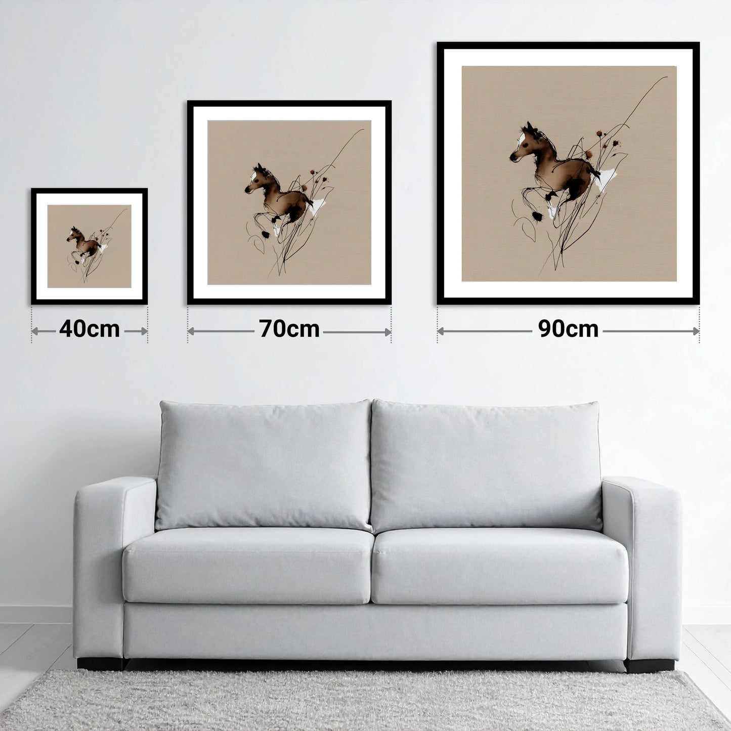 Joyful Bound - size guide showing 40cm, 70cm and 90cm art prints