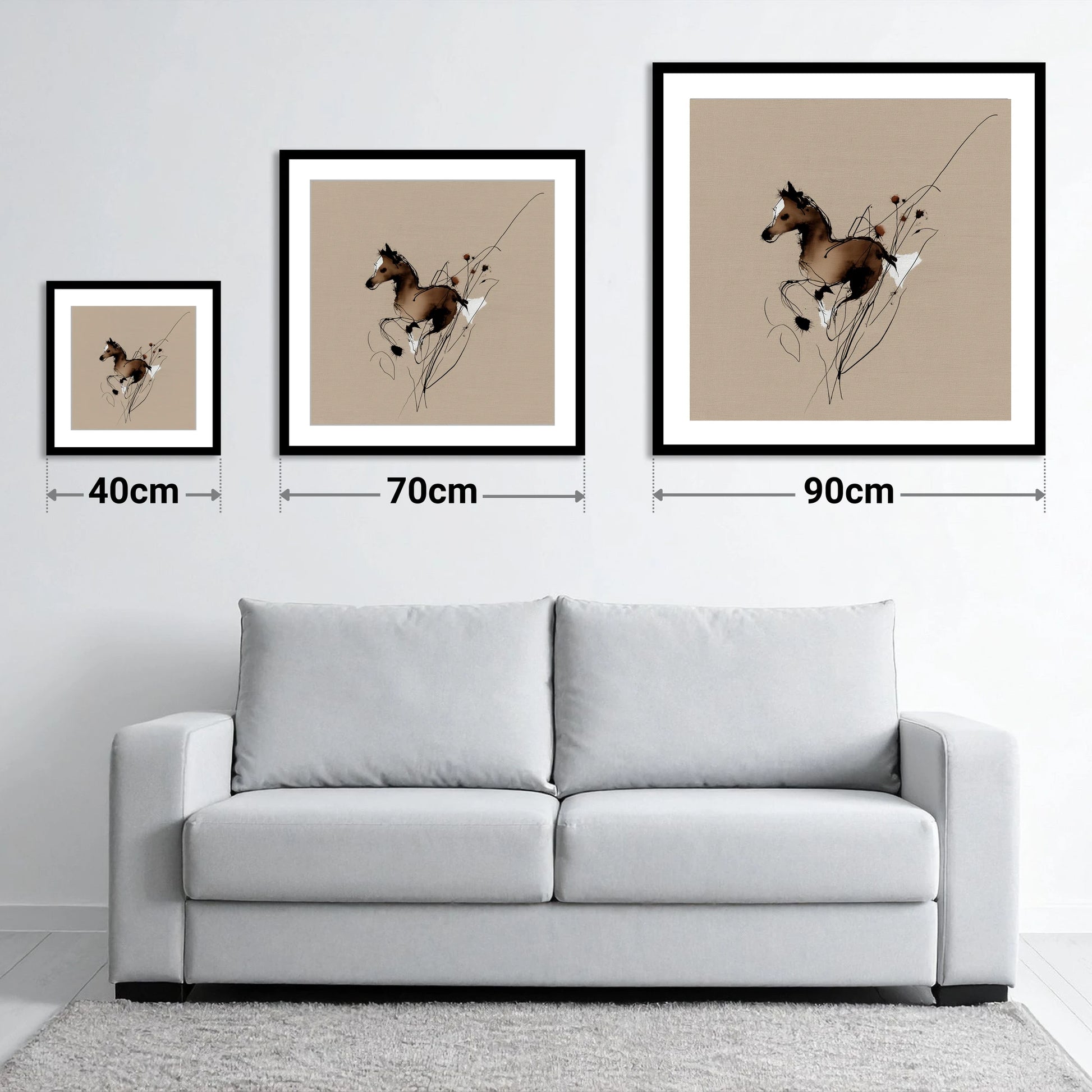 Joyful Bound - size guide showing 40cm, 70cm and 90cm art prints