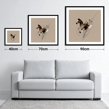 Joyful Bound - size guide showing 40cm, 70cm and 90cm art prints
