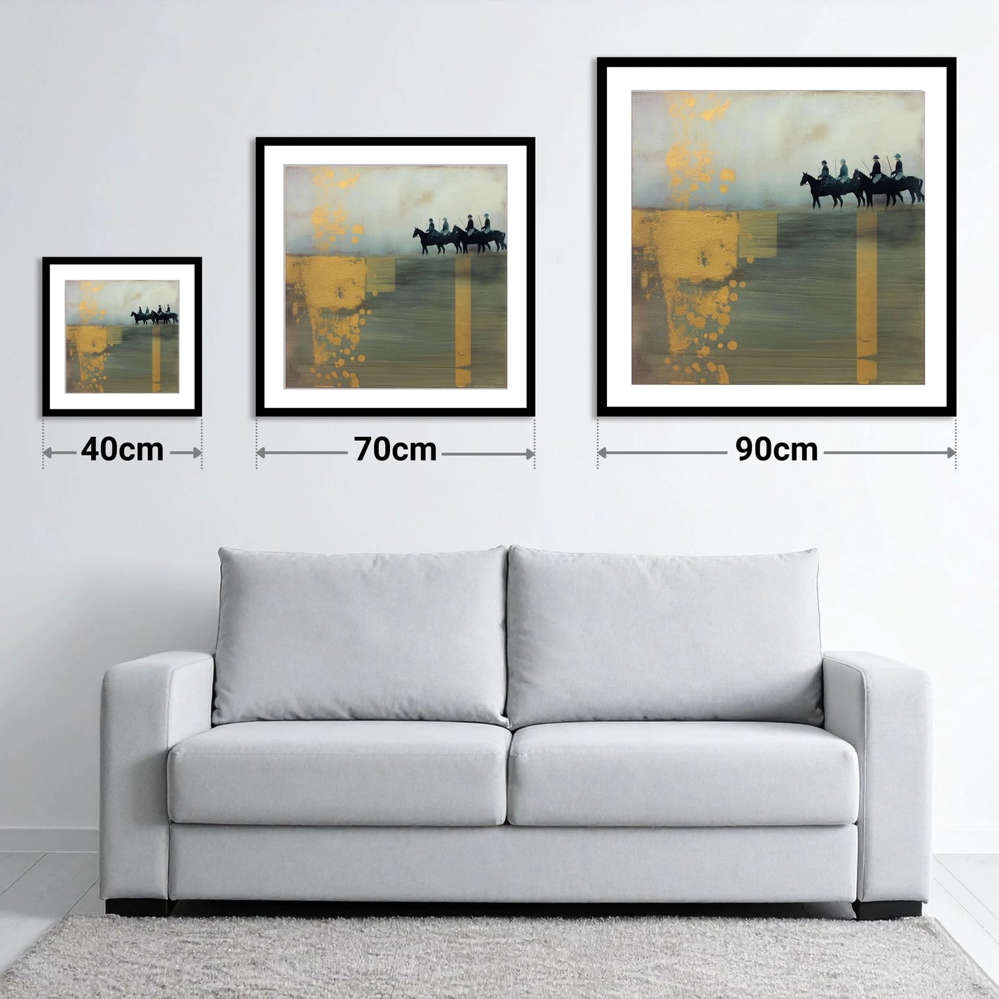 The Gilded Chukka - size guide showing 40cm, 70cm and 90cm art prints