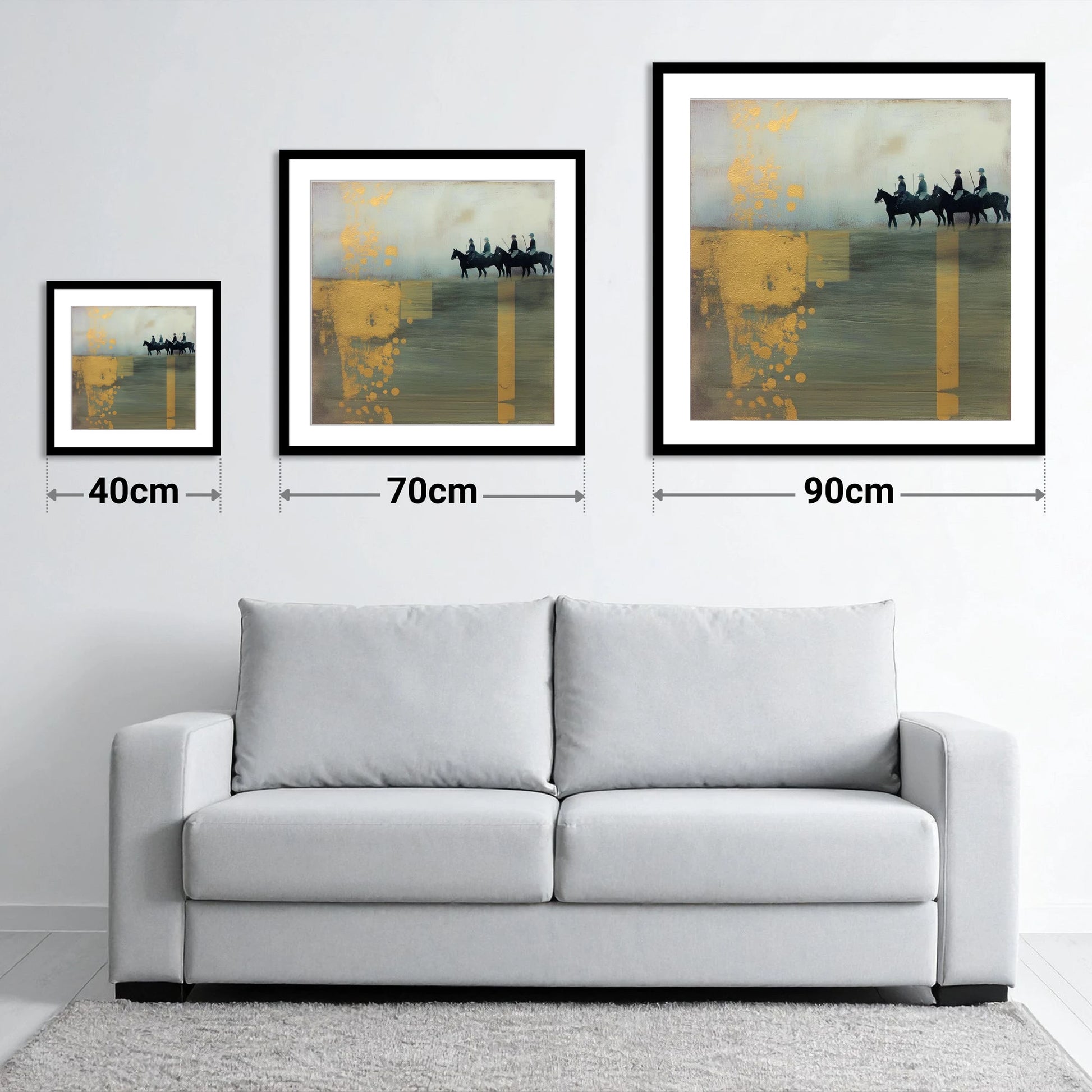 The Gilded Chukka - size guide showing 40cm, 70cm and 90cm art prints