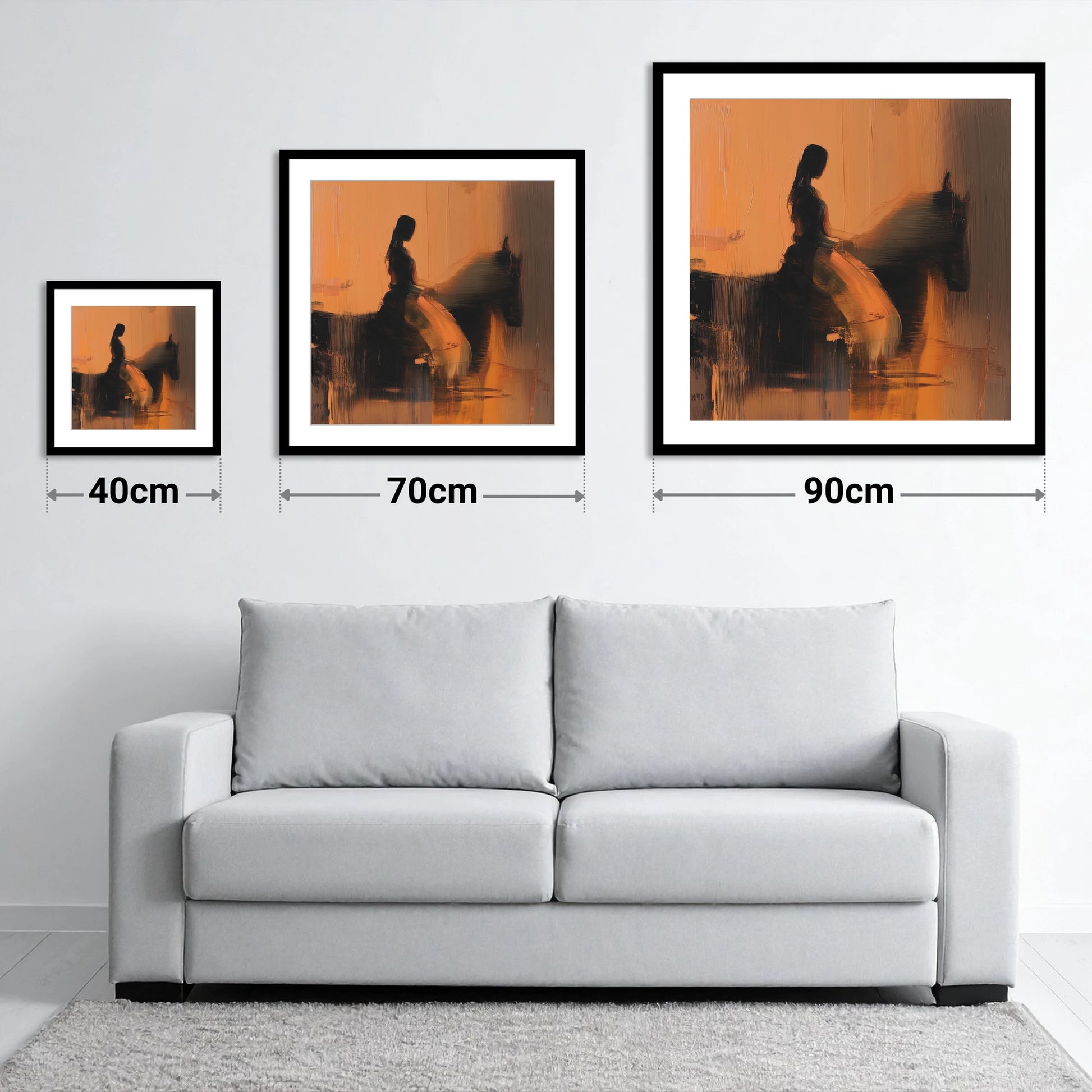Elegance in Amber - size guide showing 40cm, 70cm and 90cm art prints