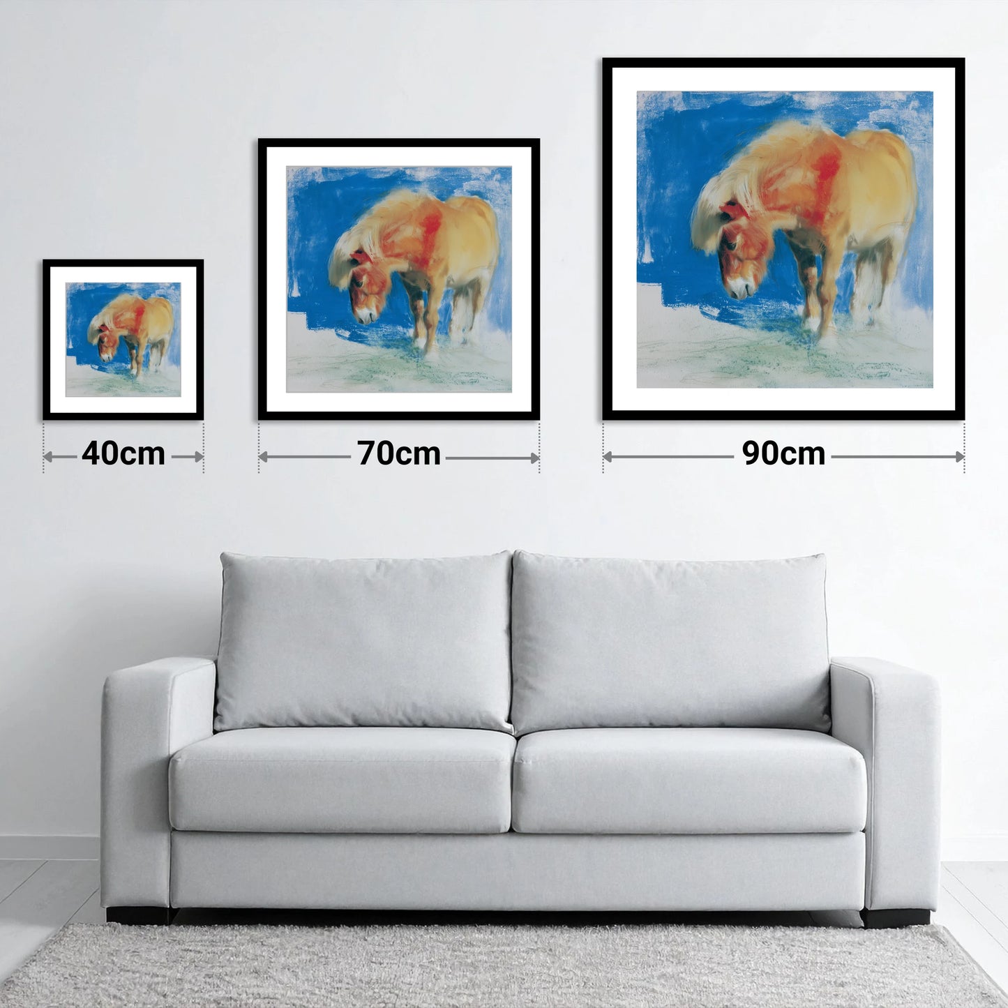 Golden Grazing Pony - size guide showing 40cm, 70cm and 90cm art prints