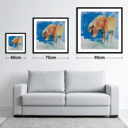 Golden Grazing Pony - size guide showing 40cm, 70cm and 90cm art prints