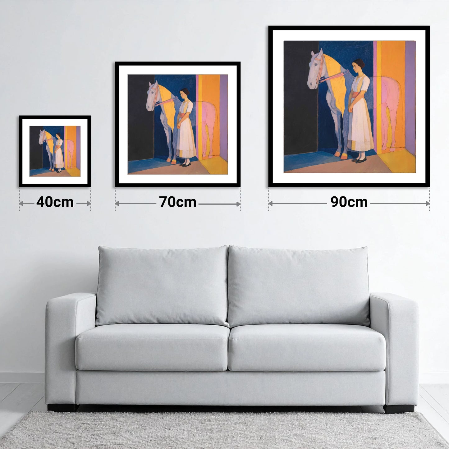 Modernist Equine Harmony - size guide showing 40cm, 70cm and 90cm art prints