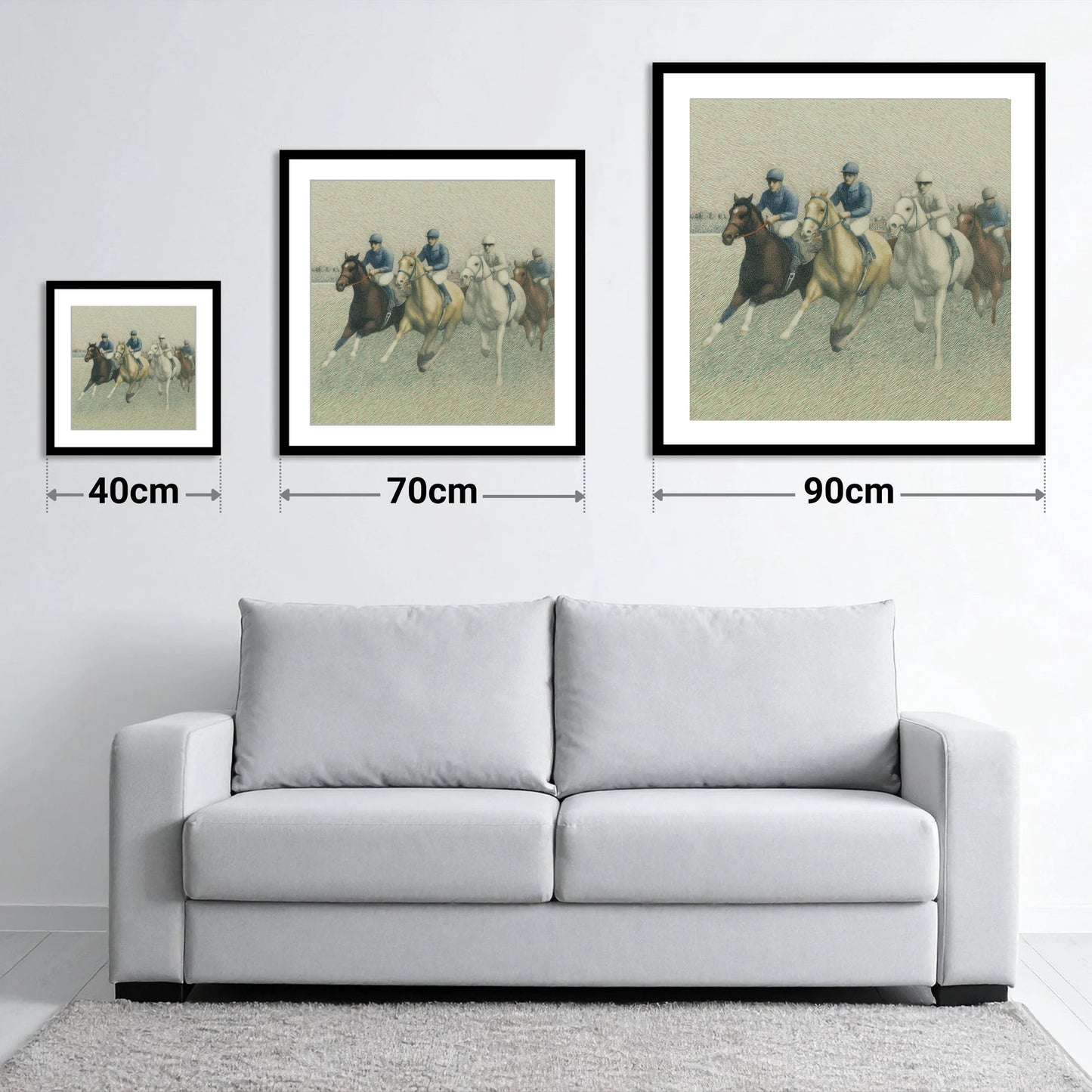 The Classic Field - size guide showing 40cm, 70cm and 90cm art prints