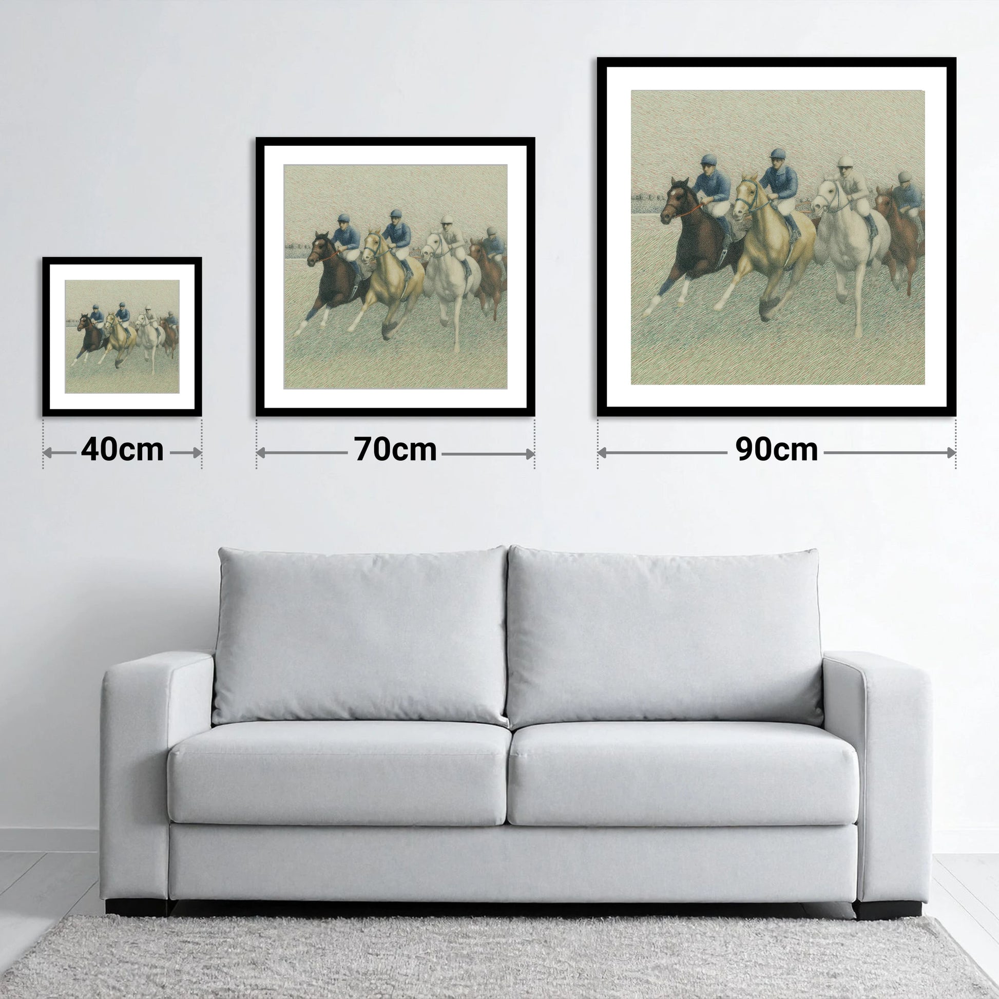 The Classic Field - size guide showing 40cm, 70cm and 90cm art prints