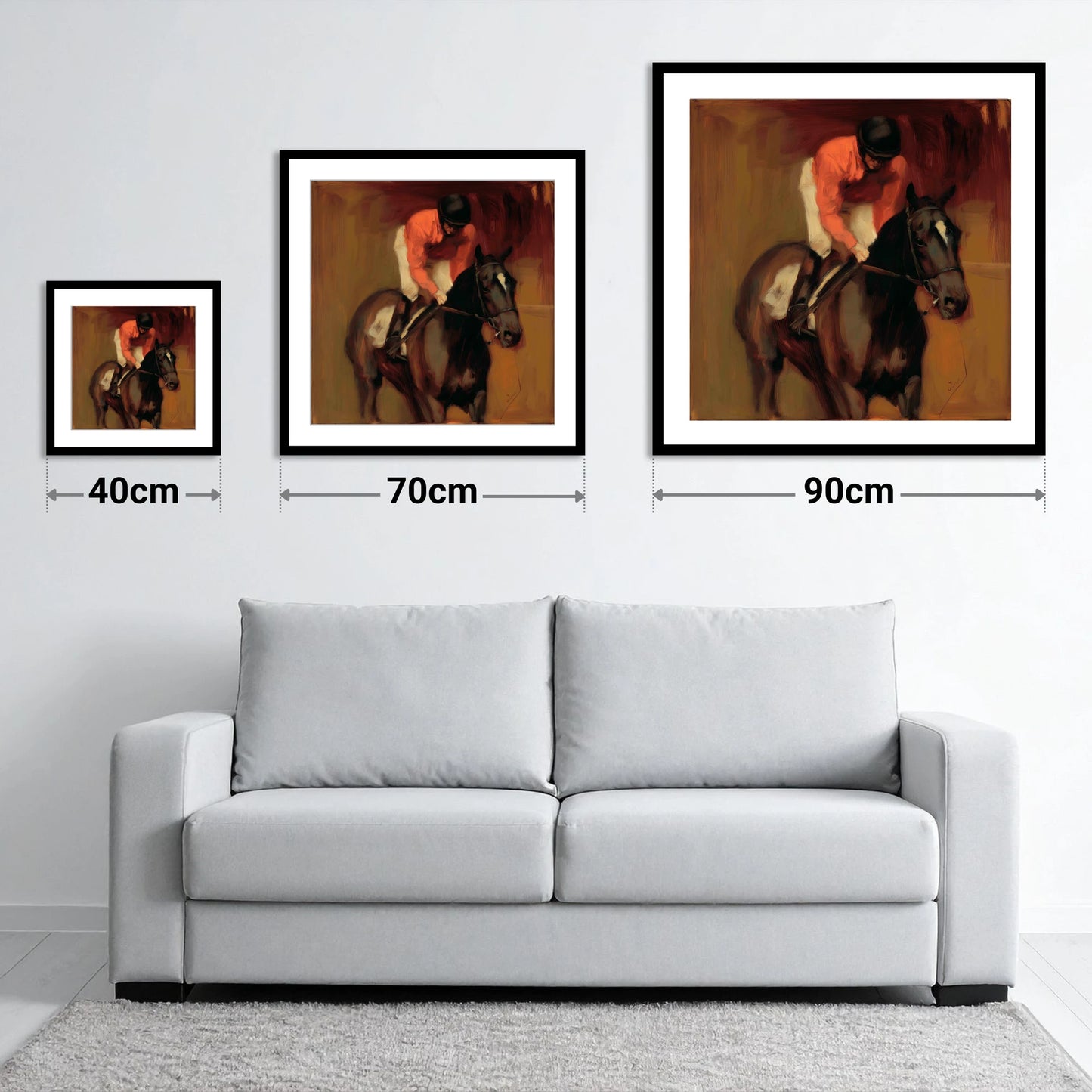 Trackside Shadows - size guide showing 40cm, 70cm and 90cm art prints