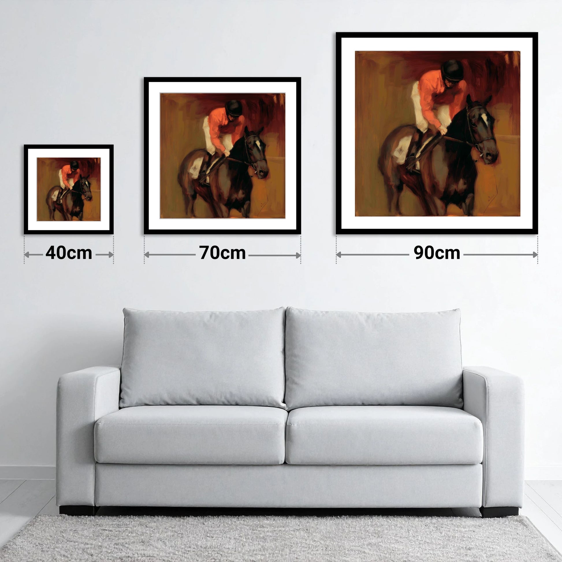 Trackside Shadows - size guide showing 40cm, 70cm and 90cm art prints