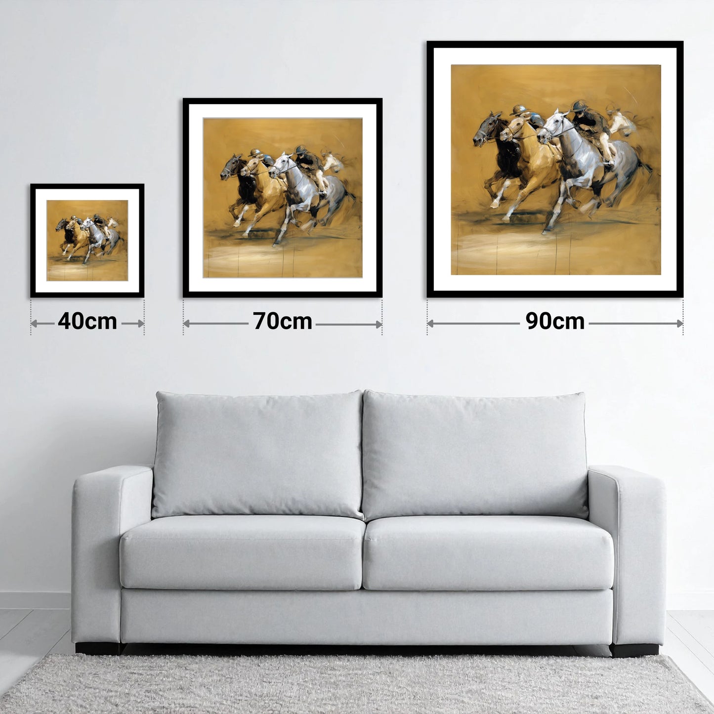 The Final Furlong - size guide showing 40cm, 70cm and 90cm art prints