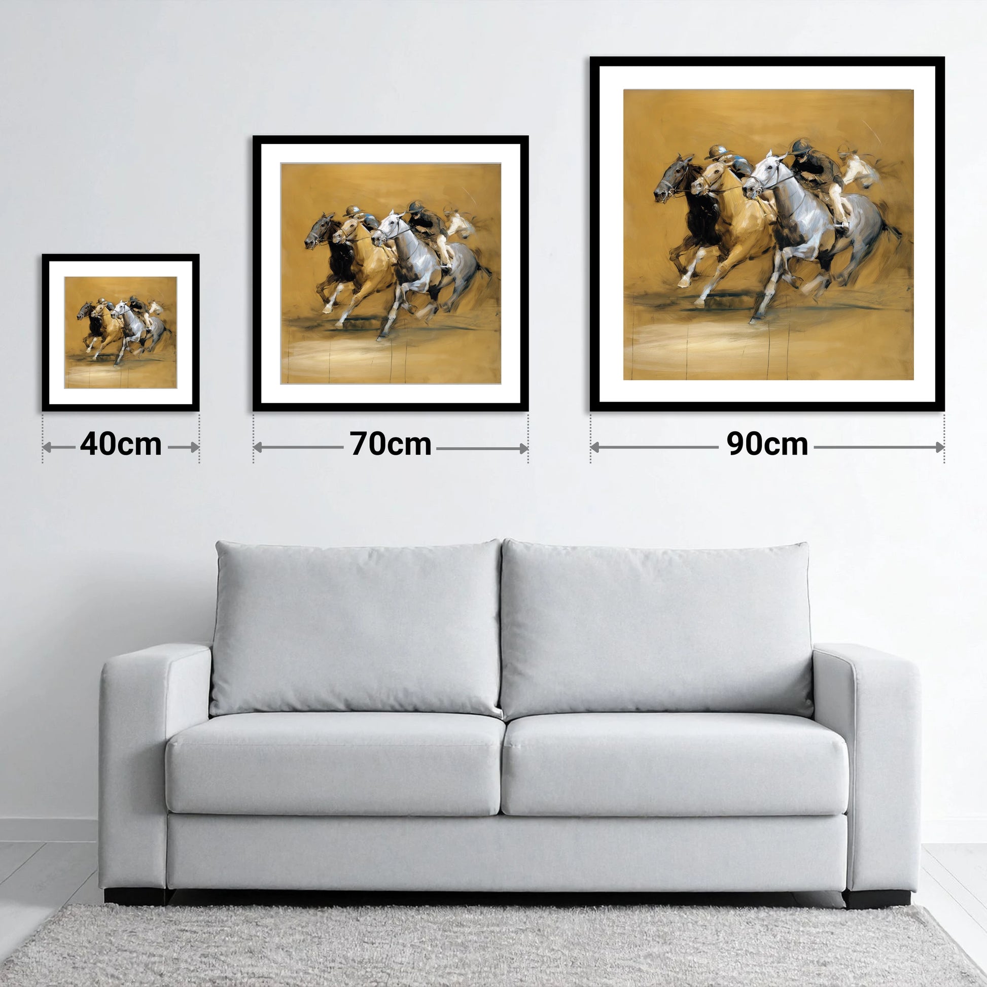 The Final Furlong - size guide showing 40cm, 70cm and 90cm art prints