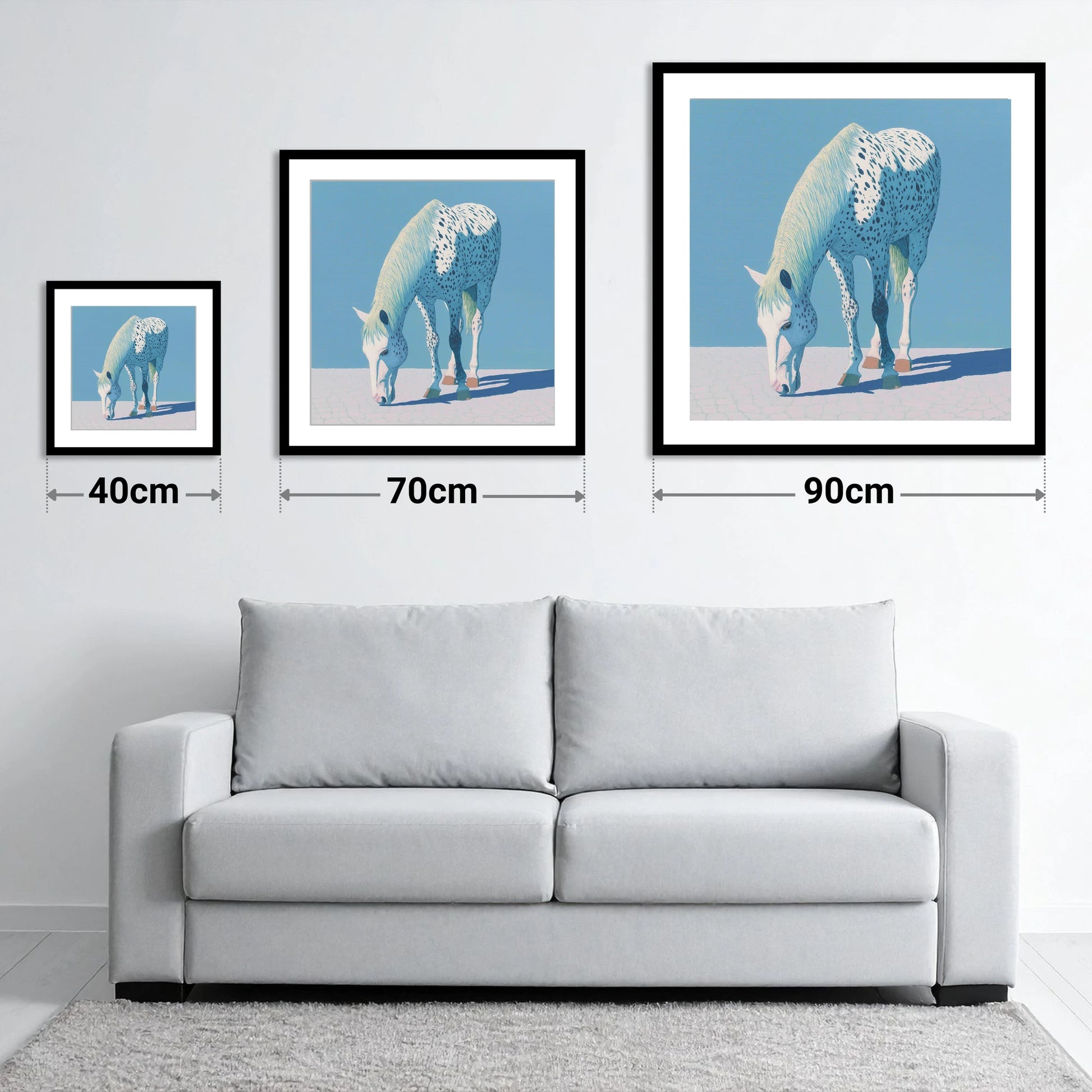 Azure Appaloosa - size guide showing 40cm, 70cm and 90cm art prints