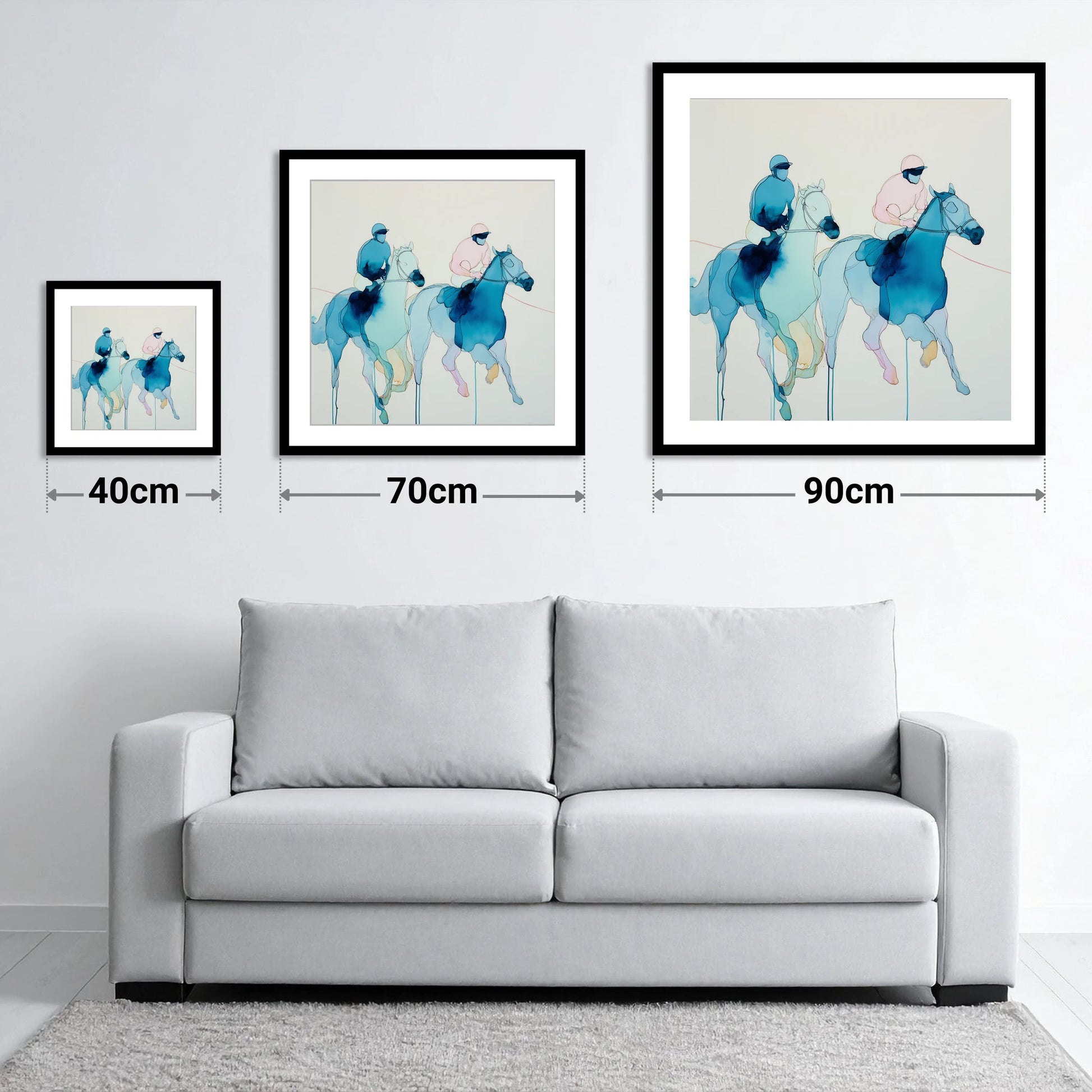 Ethereal Racing Silks - size guide showing 40cm, 70cm and 90cm art prints