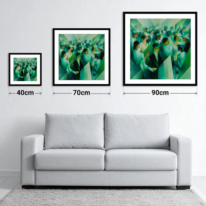 The Emerald Enclosure - size guide showing 40cm, 70cm and 90cm art prints