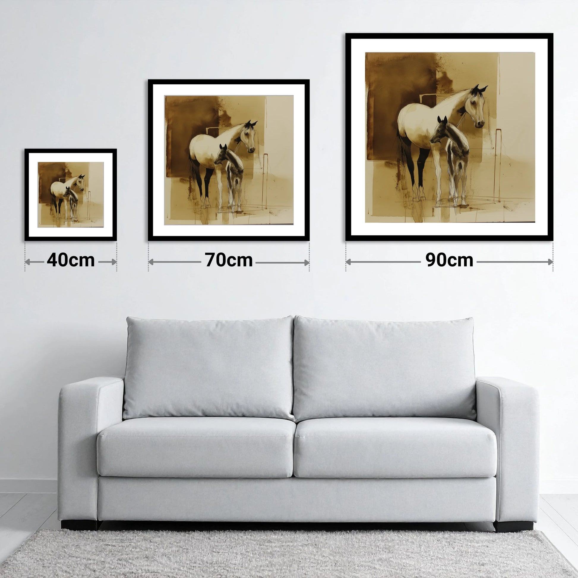 Sepia Shadows - size guide showing 40cm, 70cm and 90cm art prints