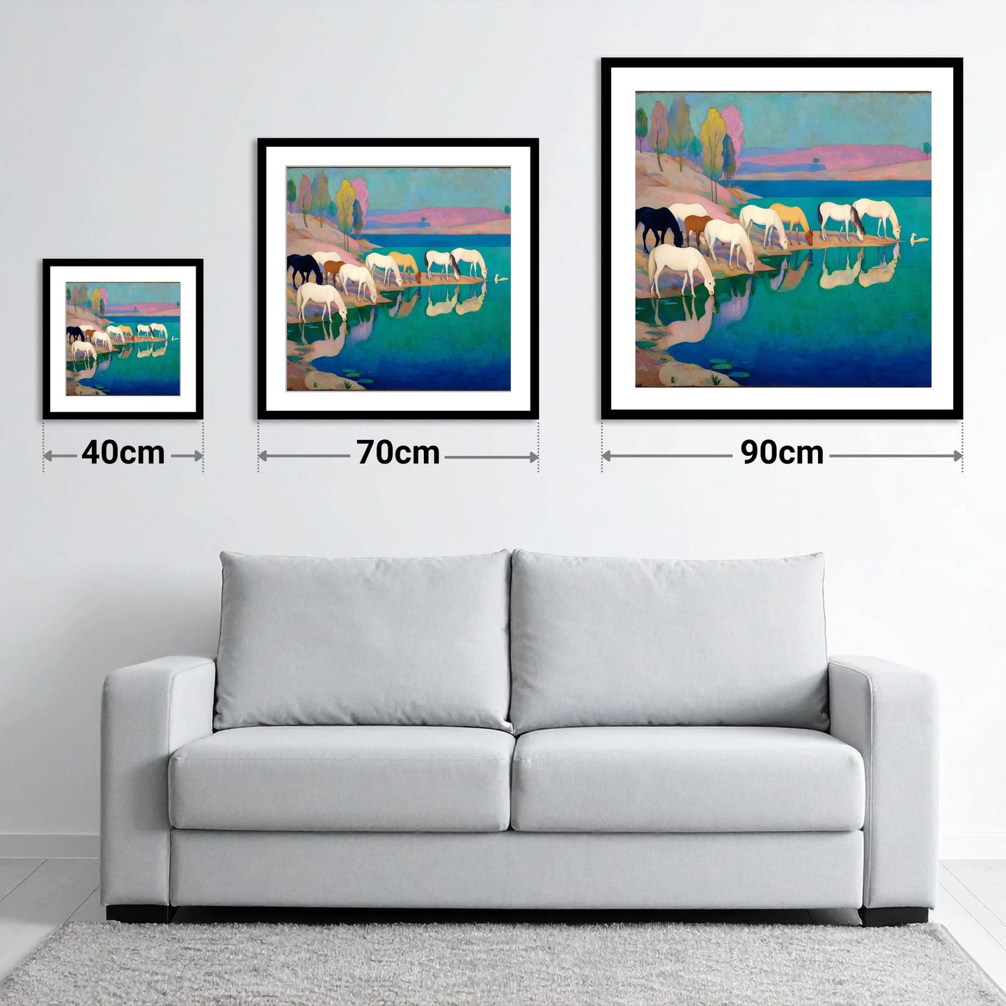 Reflections at Turquoise Waters - size guide showing 40cm, 70cm and 90cm art prints