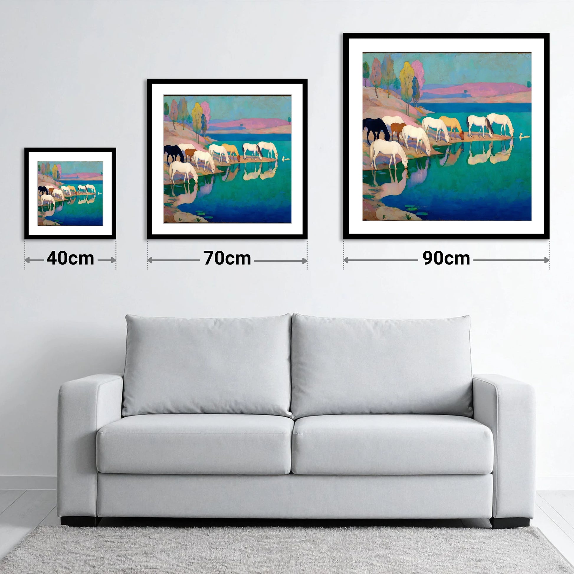 Reflections at Turquoise Waters - size guide showing 40cm, 70cm and 90cm art prints