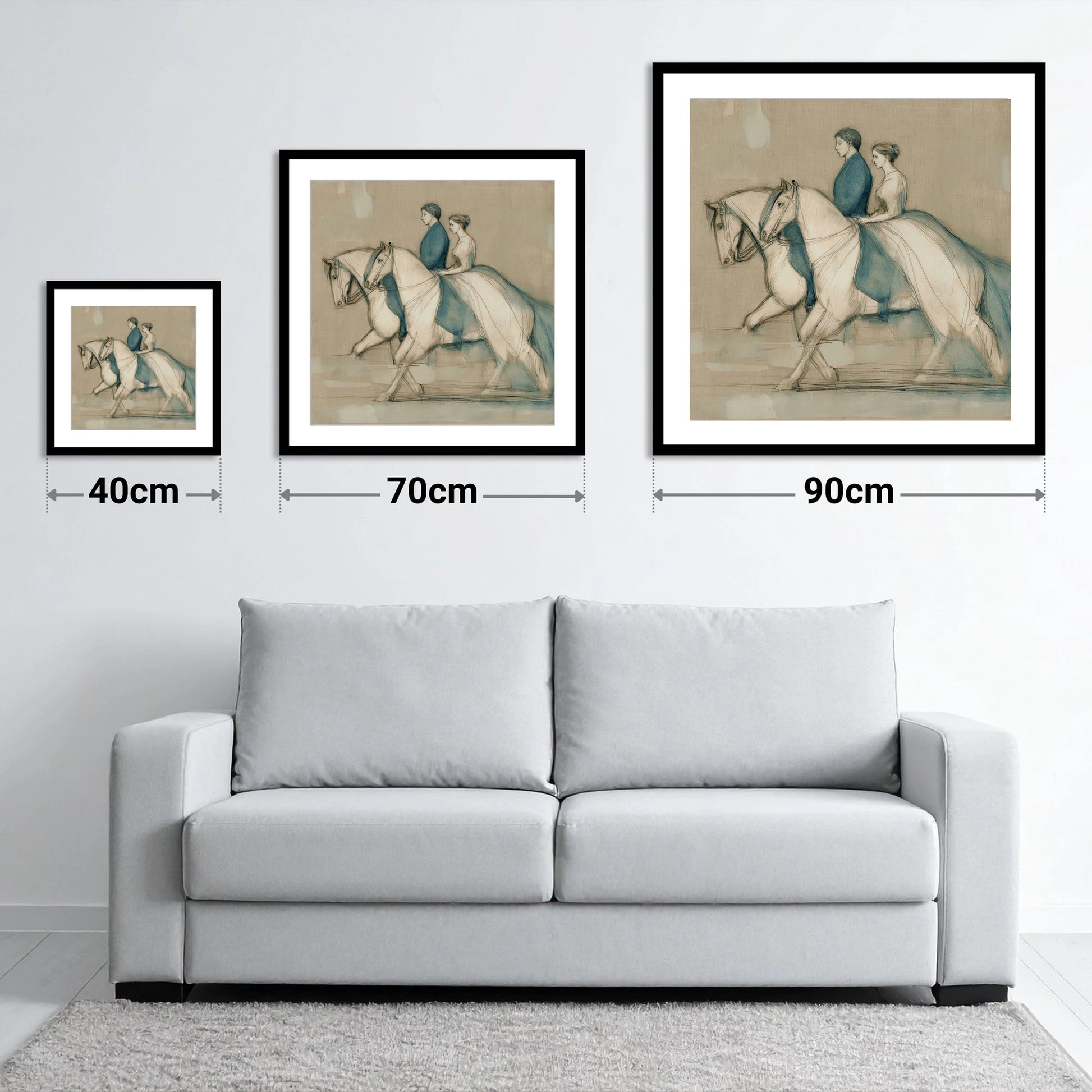 Quiet Companionship - size guide showing 40cm, 70cm and 90cm art prints