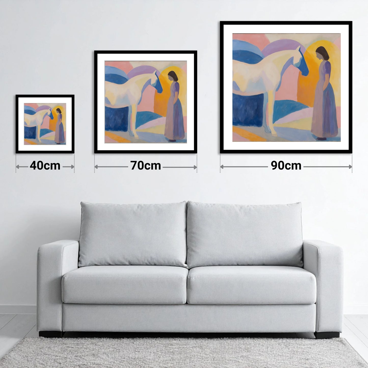 Quiet Connection - size guide showing 40cm, 70cm and 90cm art prints