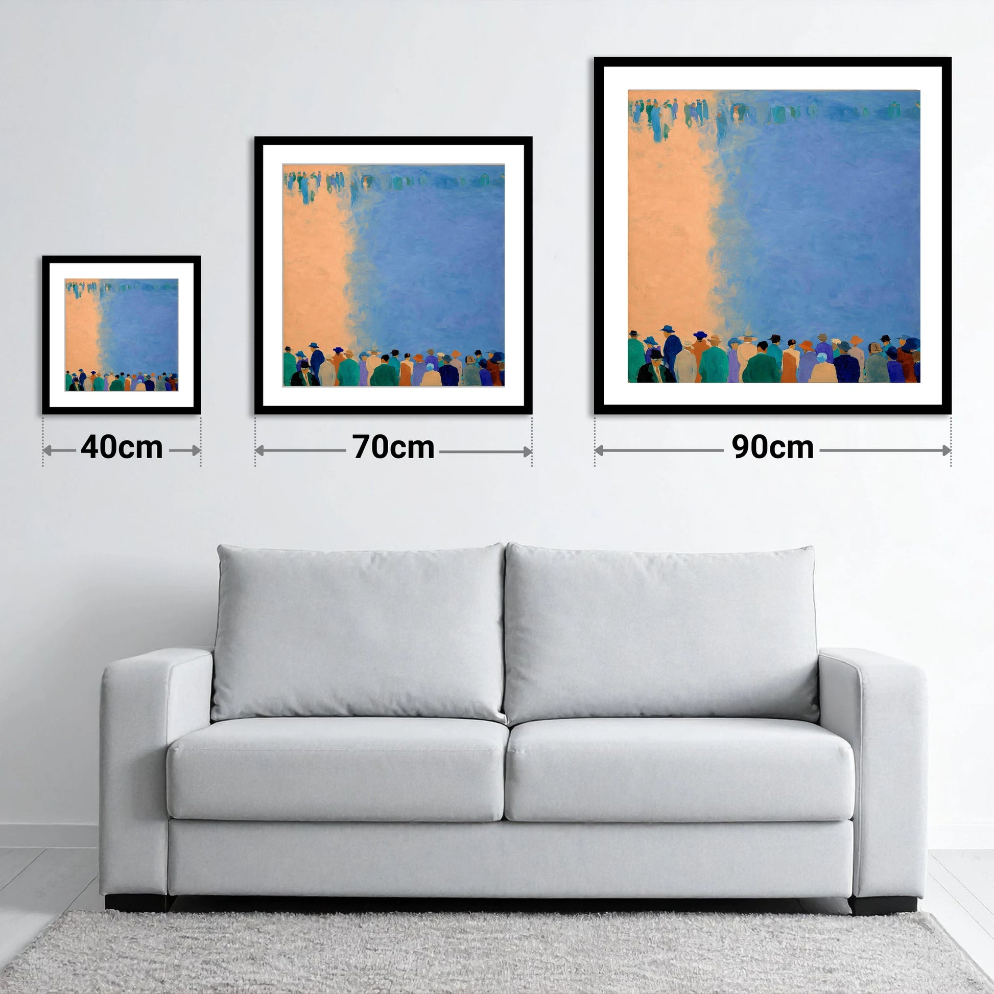 Waiting for the Field - size guide showing 40cm, 70cm and 90cm art prints