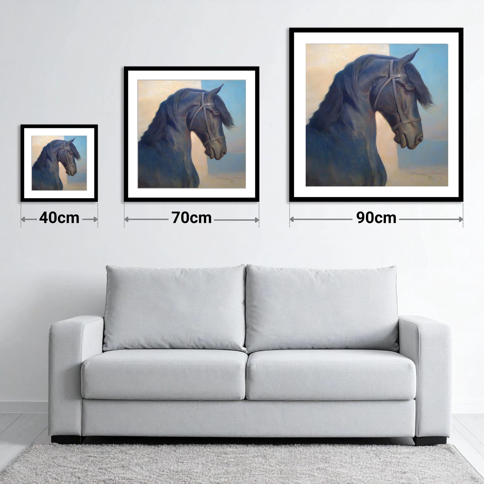Noble Black Profile - size guide showing 40cm, 70cm and 90cm art prints