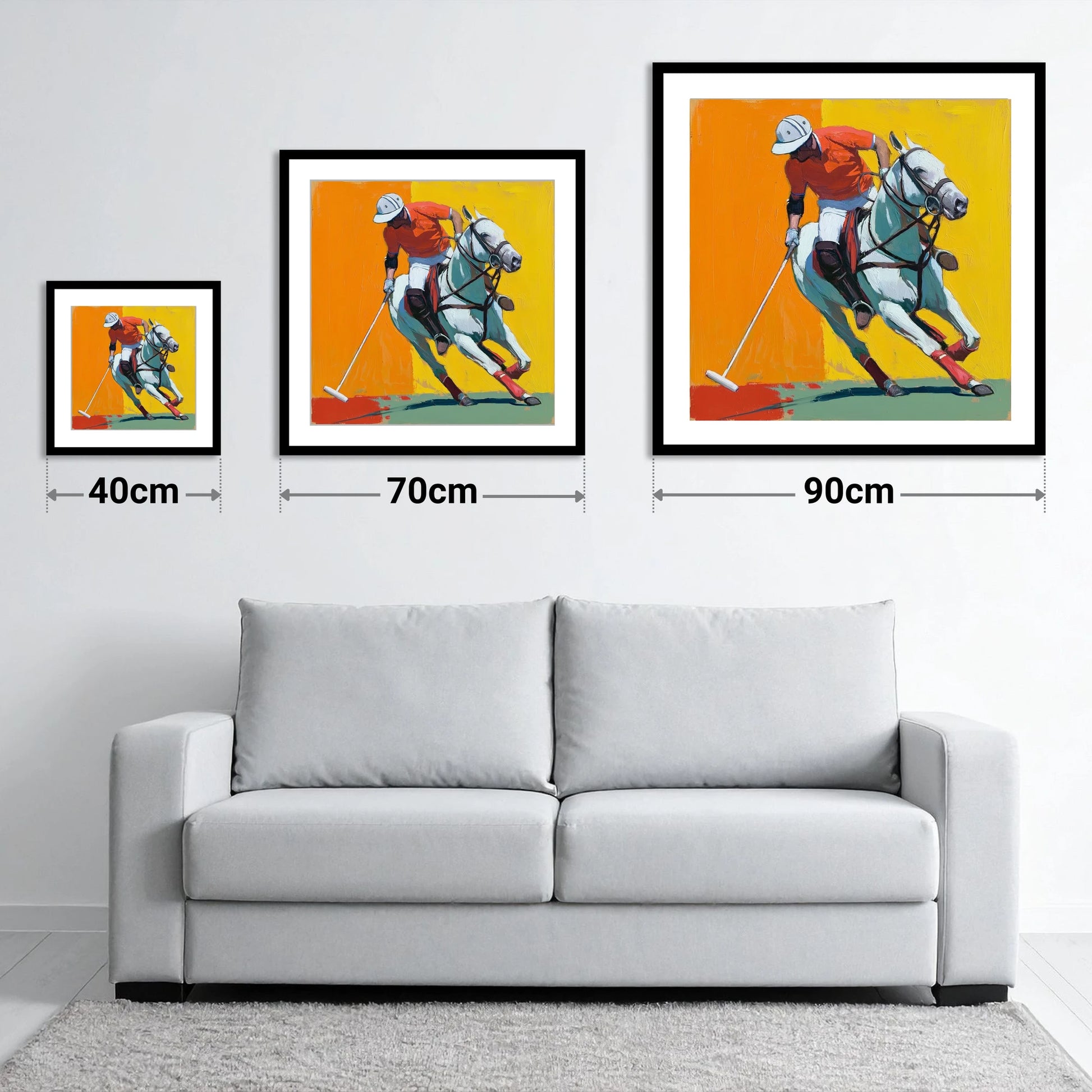 Mid-Swing Momentum - size guide showing 40cm, 70cm and 90cm art prints