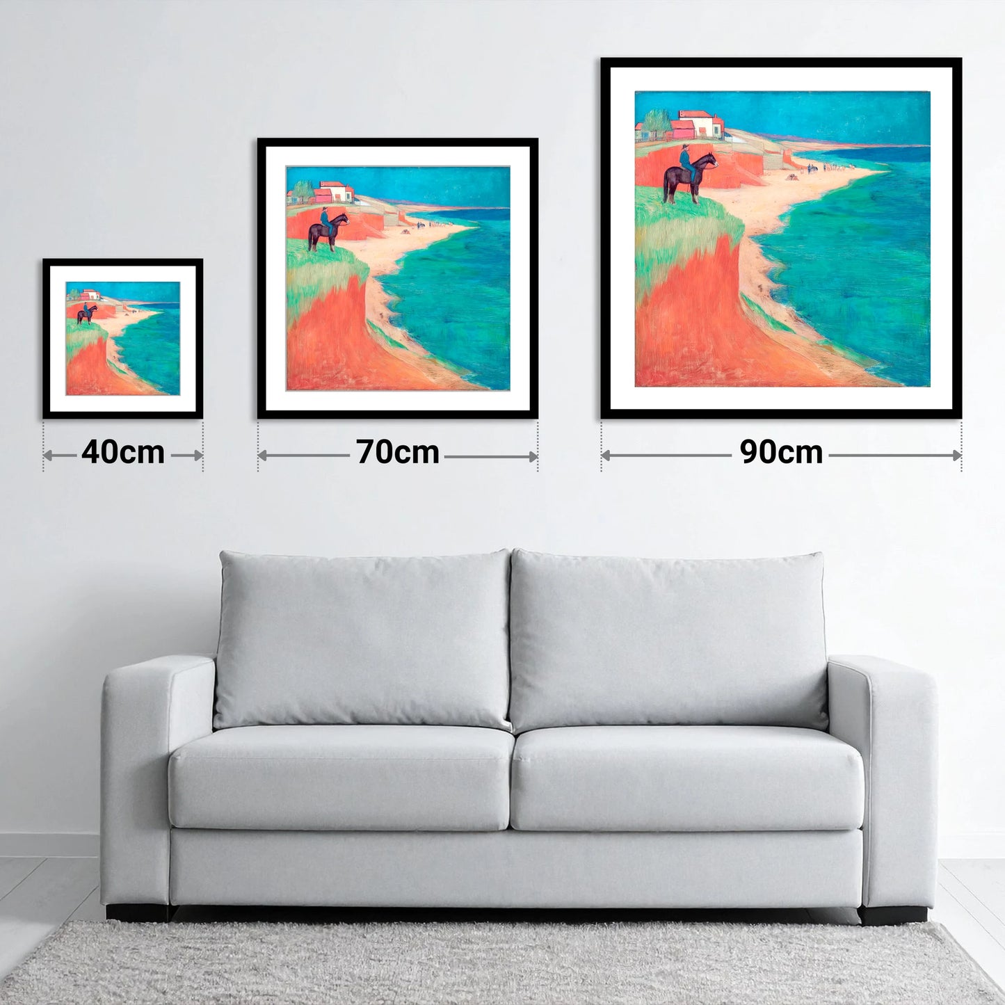 The Coastal Vantage - size guide showing 40cm, 70cm and 90cm art prints