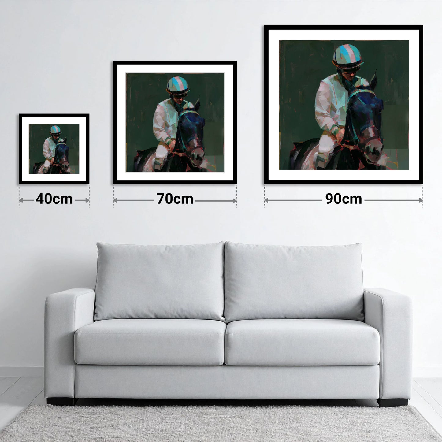 Pre-Race Focus - size guide showing 40cm, 70cm and 90cm art prints