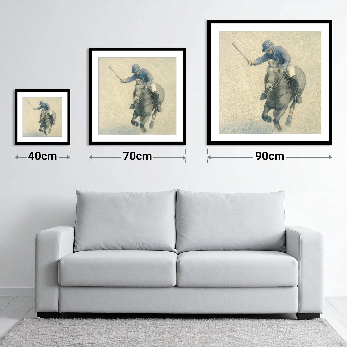 Precision in the Chukka - size guide showing 40cm, 70cm and 90cm art prints