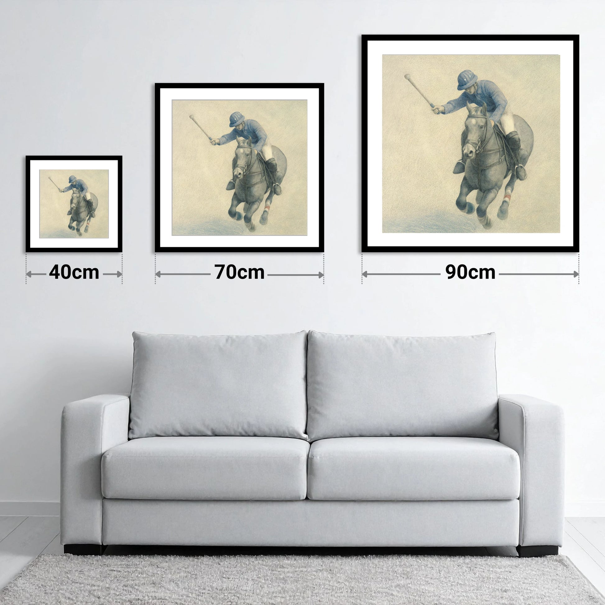 Precision in the Chukka - size guide showing 40cm, 70cm and 90cm art prints