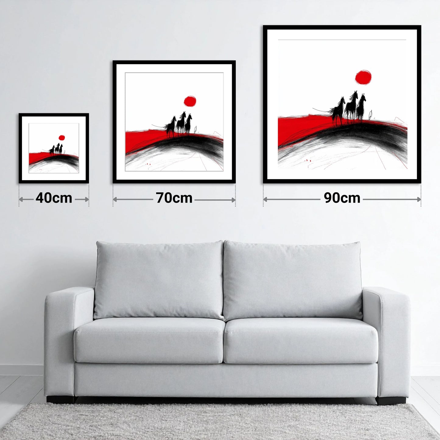 Crimson Sun Silhouettes - size guide showing 40cm, 70cm and 90cm art prints