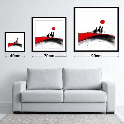 Crimson Sun Silhouettes - size guide showing 40cm, 70cm and 90cm art prints