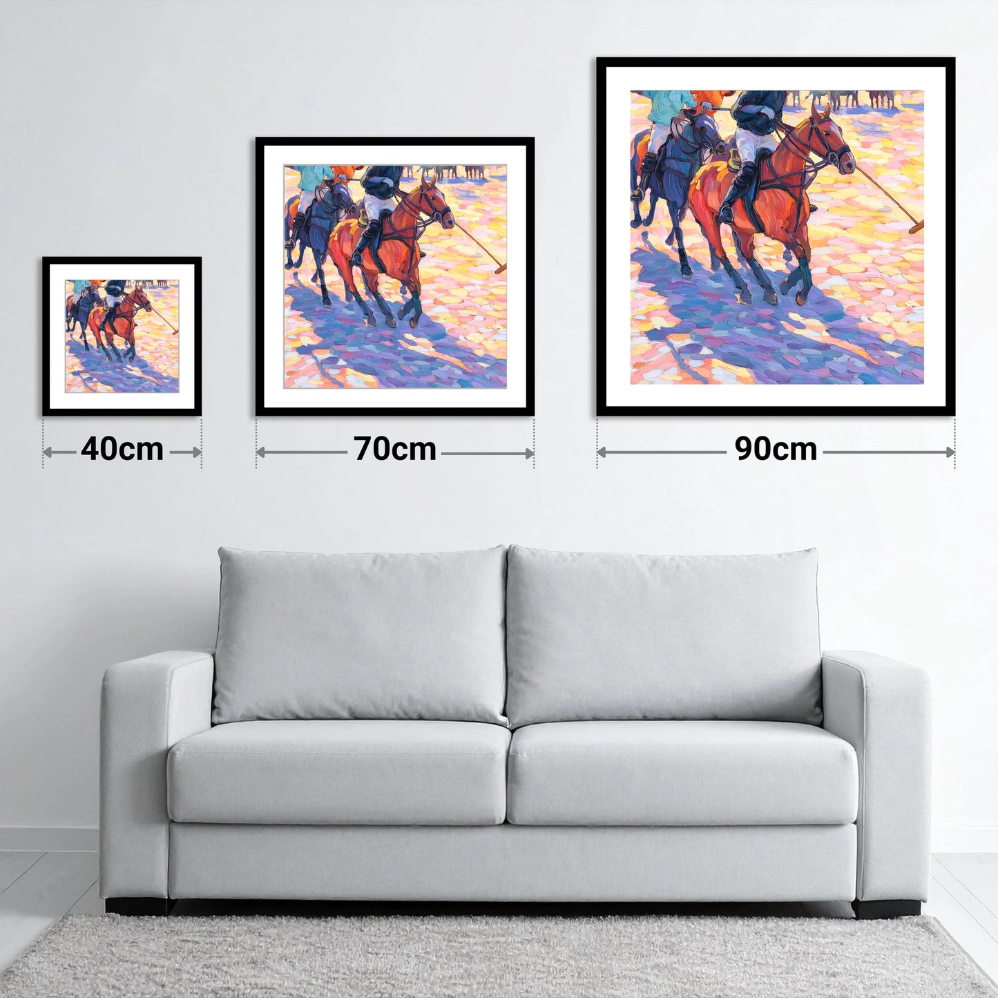 Sunset Chukka Shadows - size guide showing 40cm, 70cm and 90cm art prints