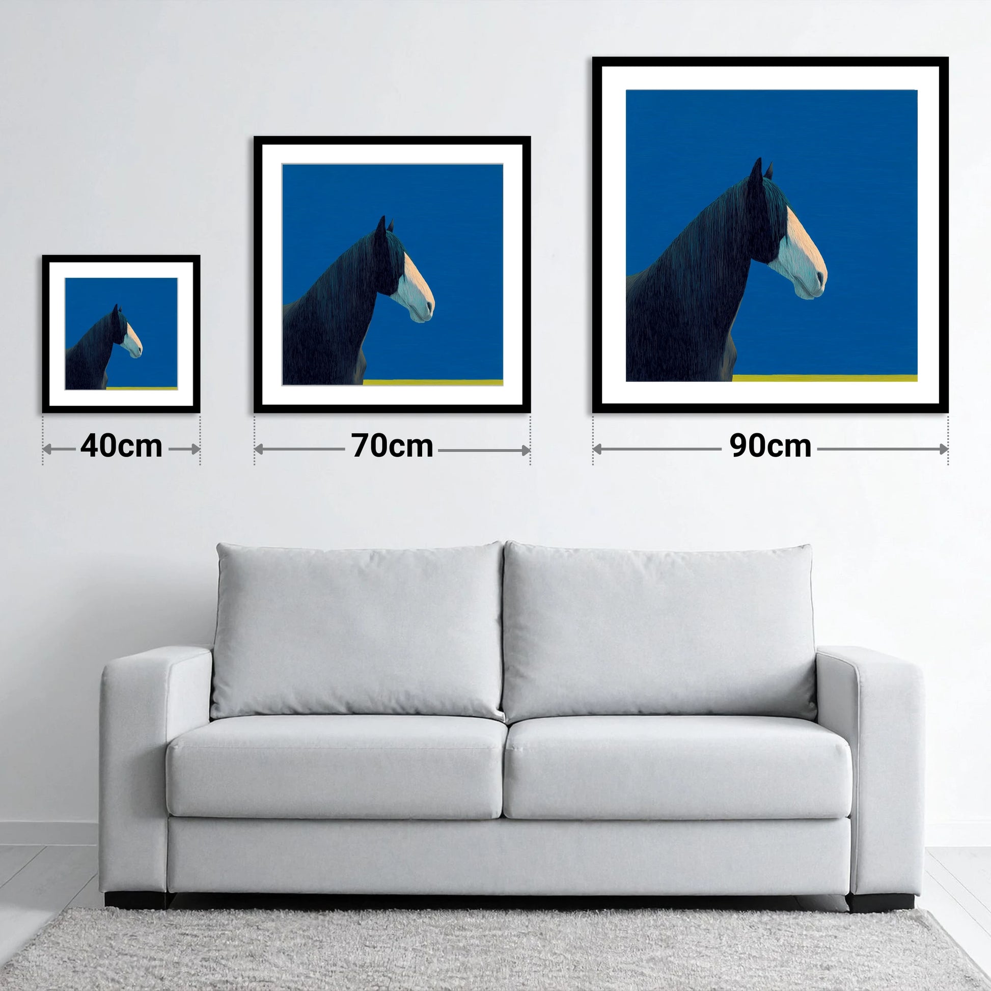 Azure Gentle Giant - size guide showing 40cm, 70cm and 90cm art prints