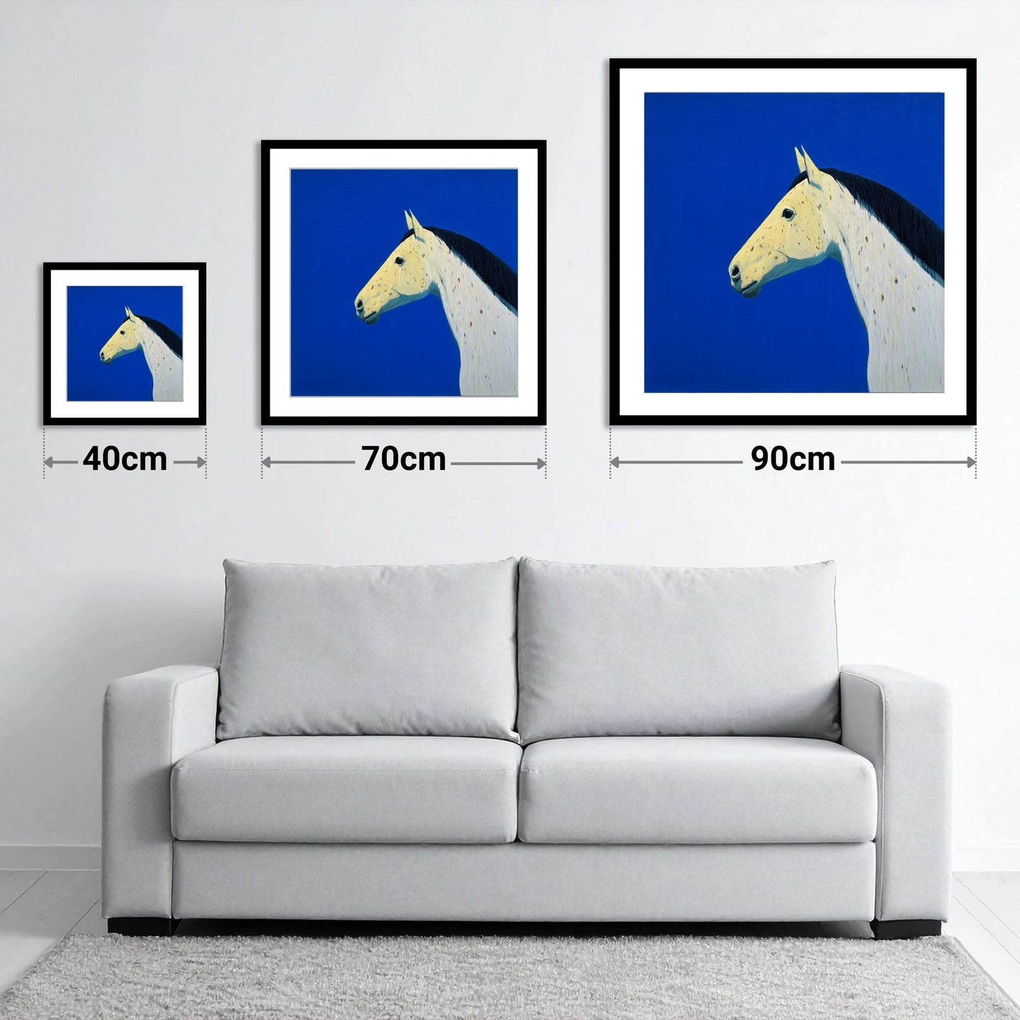 The Azure Profile - size guide showing 40cm, 70cm and 90cm art prints