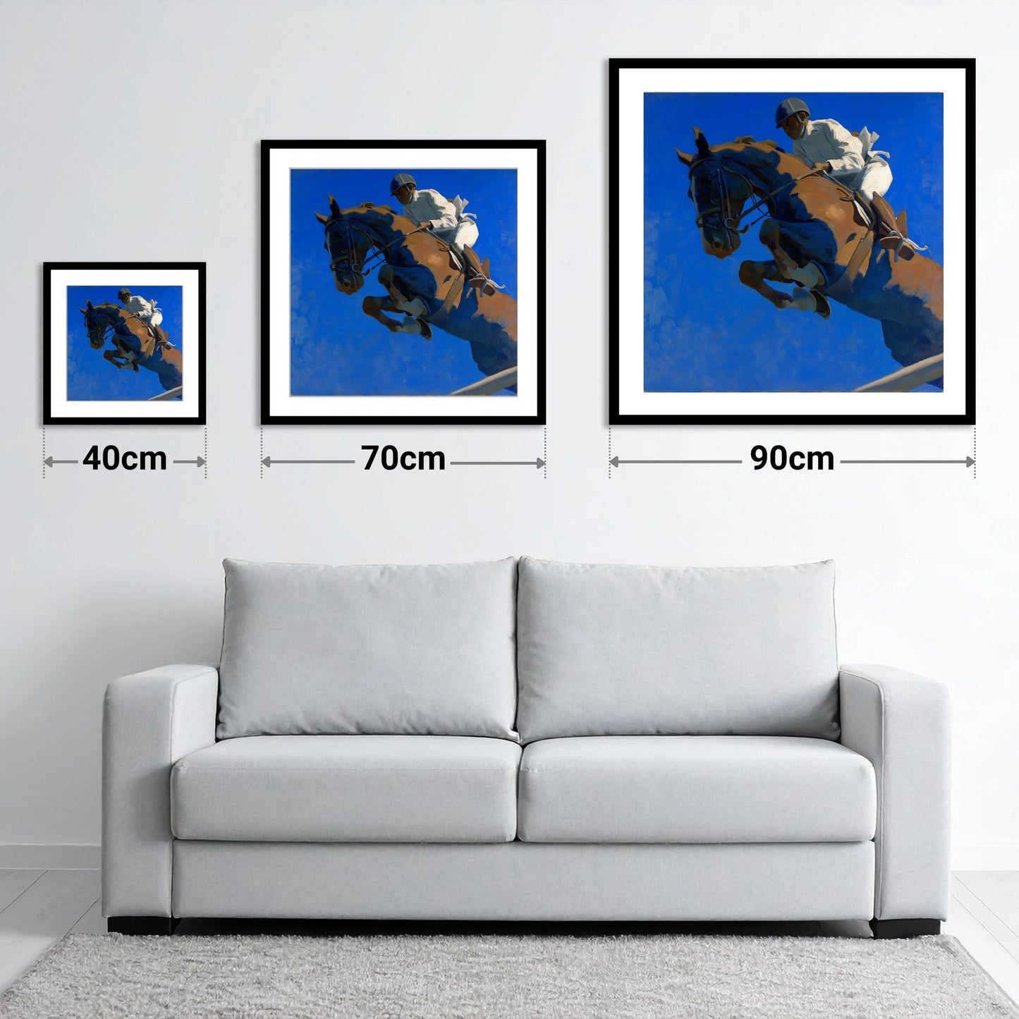 Skyward Bound - size guide showing 40cm, 70cm and 90cm art prints