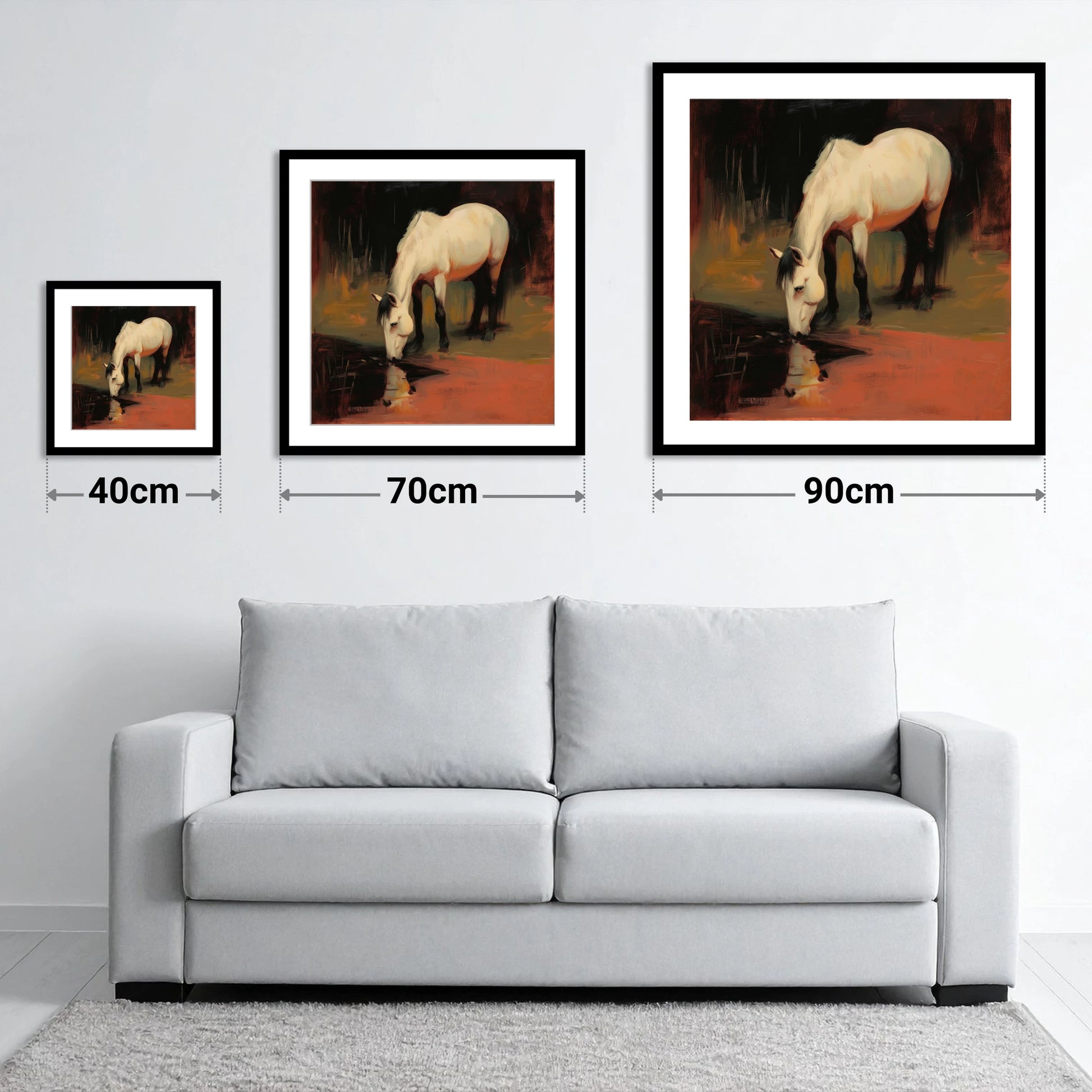 Quiet Reflection - size guide showing 40cm, 70cm and 90cm art prints