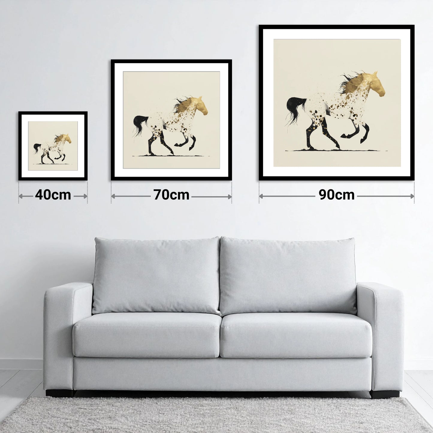 The Golden Appaloosa - size guide showing 40cm, 70cm and 90cm art prints