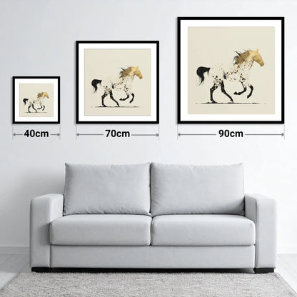 The Golden Appaloosa - size guide showing 40cm, 70cm and 90cm art prints