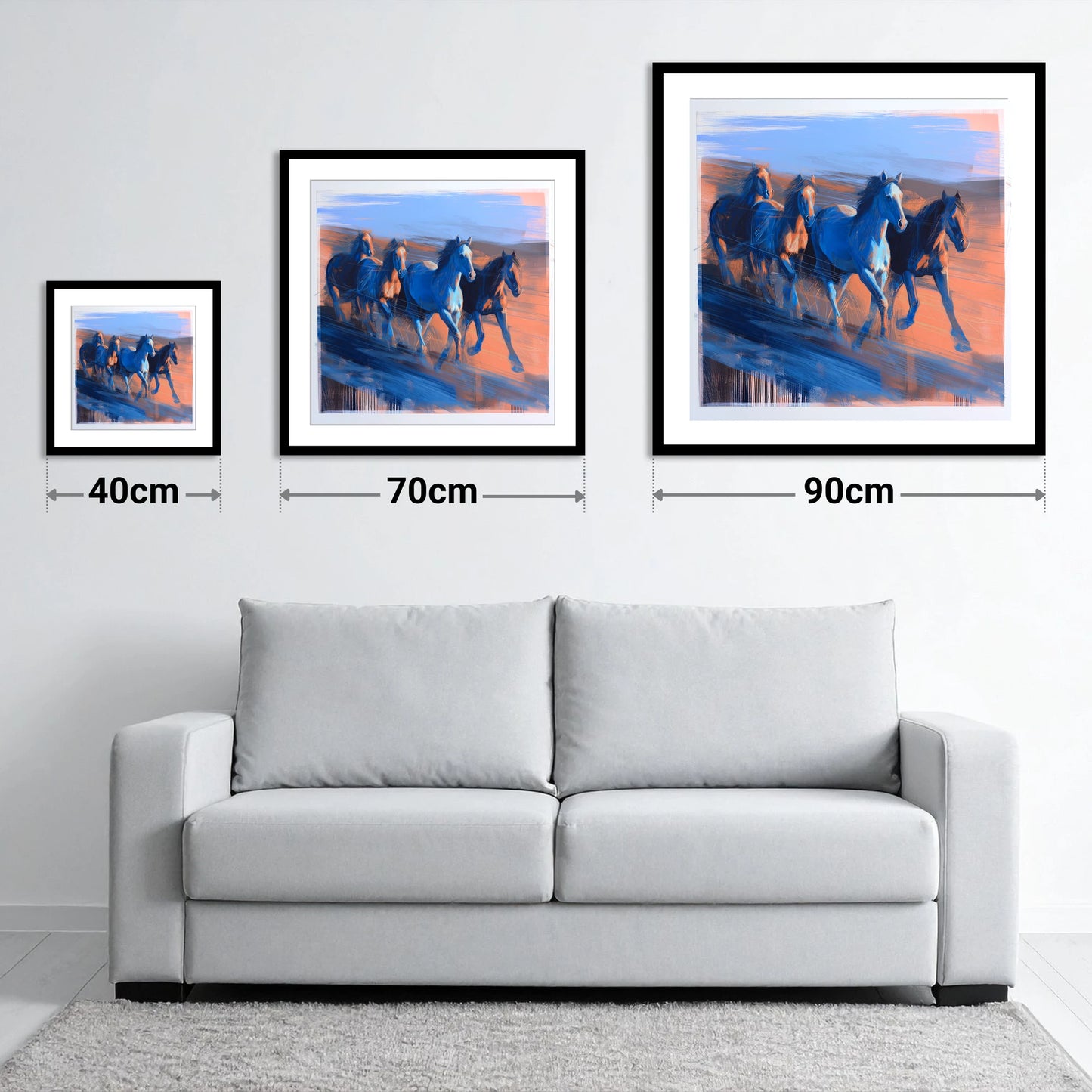 Cobalt Horizon Herd - size guide showing 40cm, 70cm and 90cm art prints