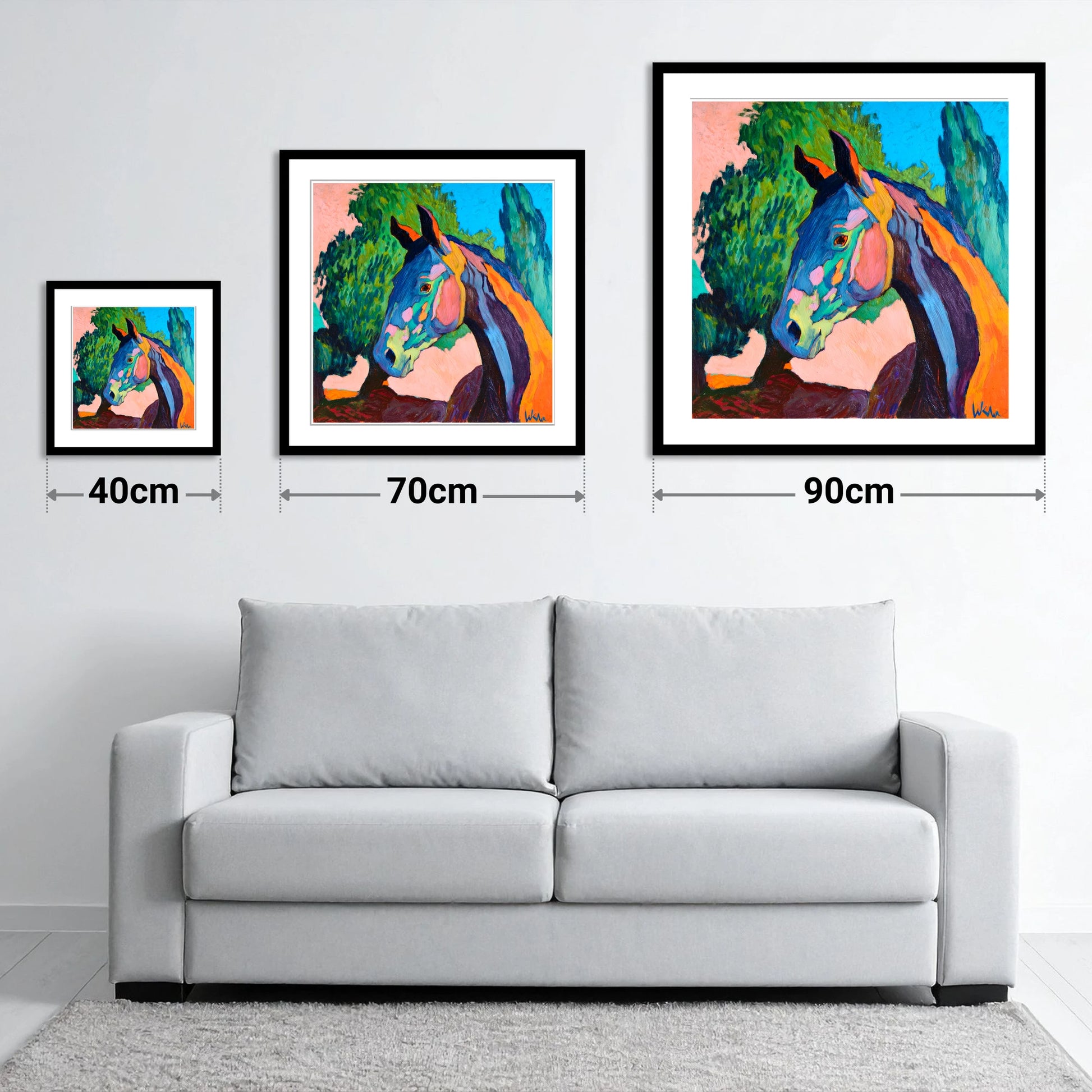 Vibrant Equine Expression - size guide showing 40cm, 70cm and 90cm art prints