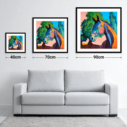 Vibrant Equine Expression - size guide showing 40cm, 70cm and 90cm art prints
