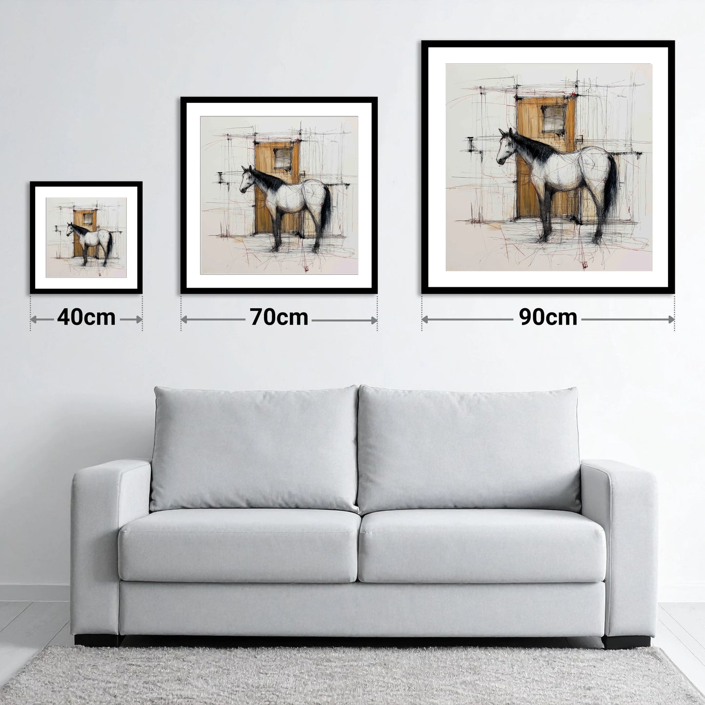 Waiting At The Stable Door - size guide showing 40cm, 70cm and 90cm art prints