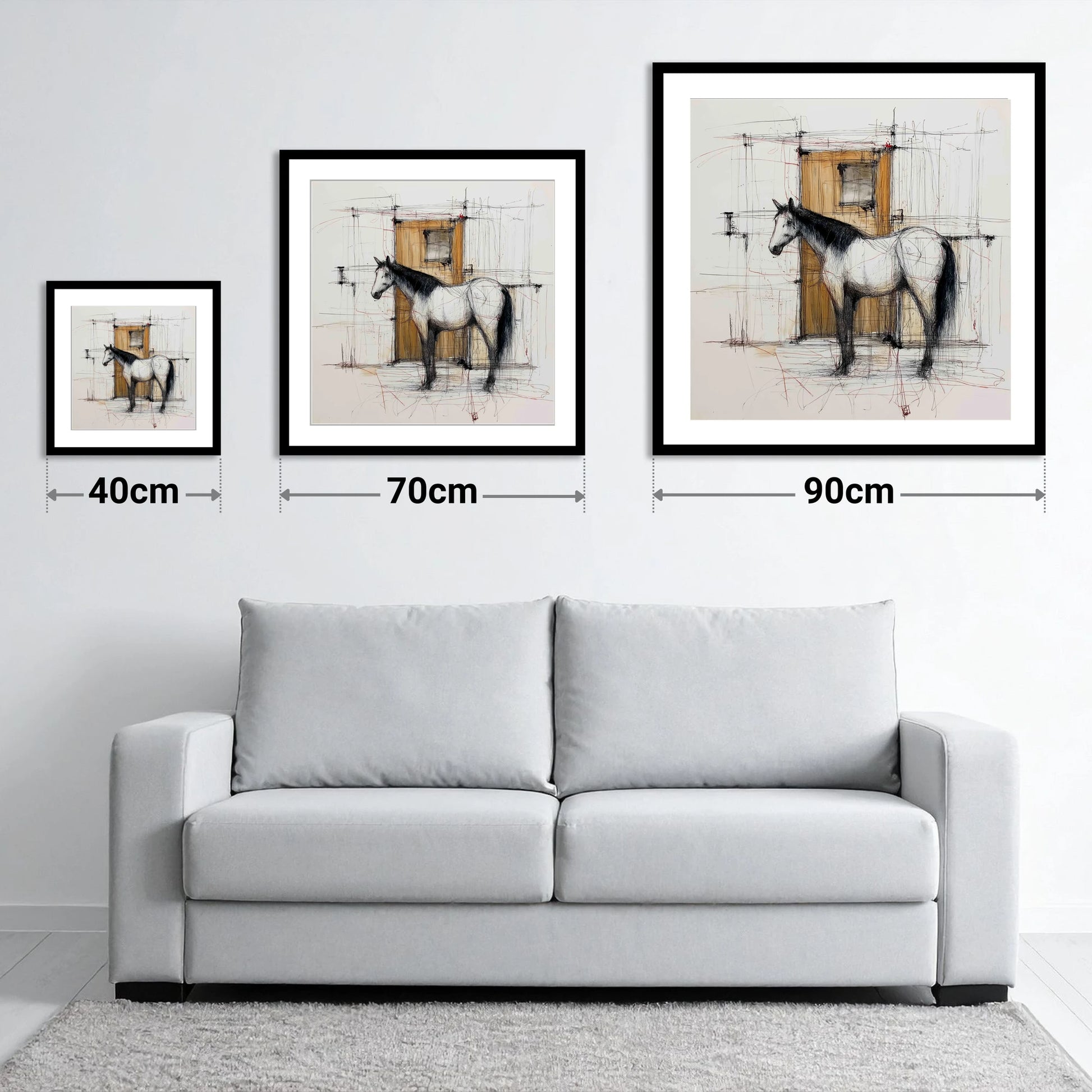 Waiting At The Stable Door - size guide showing 40cm, 70cm and 90cm art prints