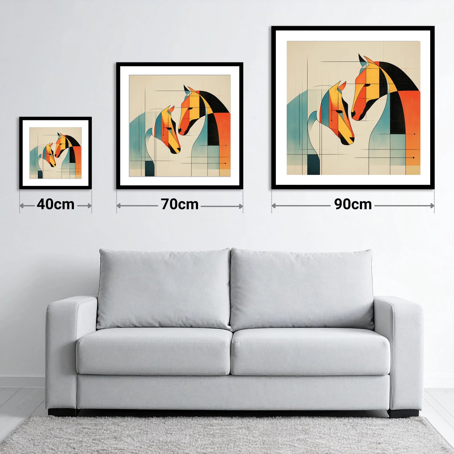 Geometric Equine Connection - size guide showing 40cm, 70cm and 90cm art prints