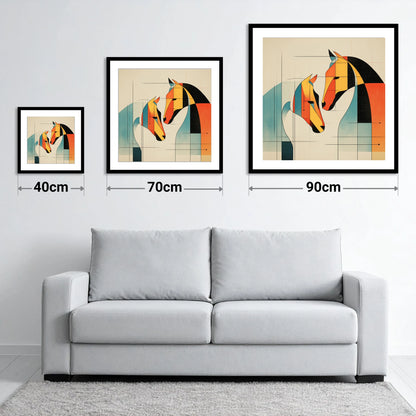 Geometric Equine Connection - size guide showing 40cm, 70cm and 90cm art prints