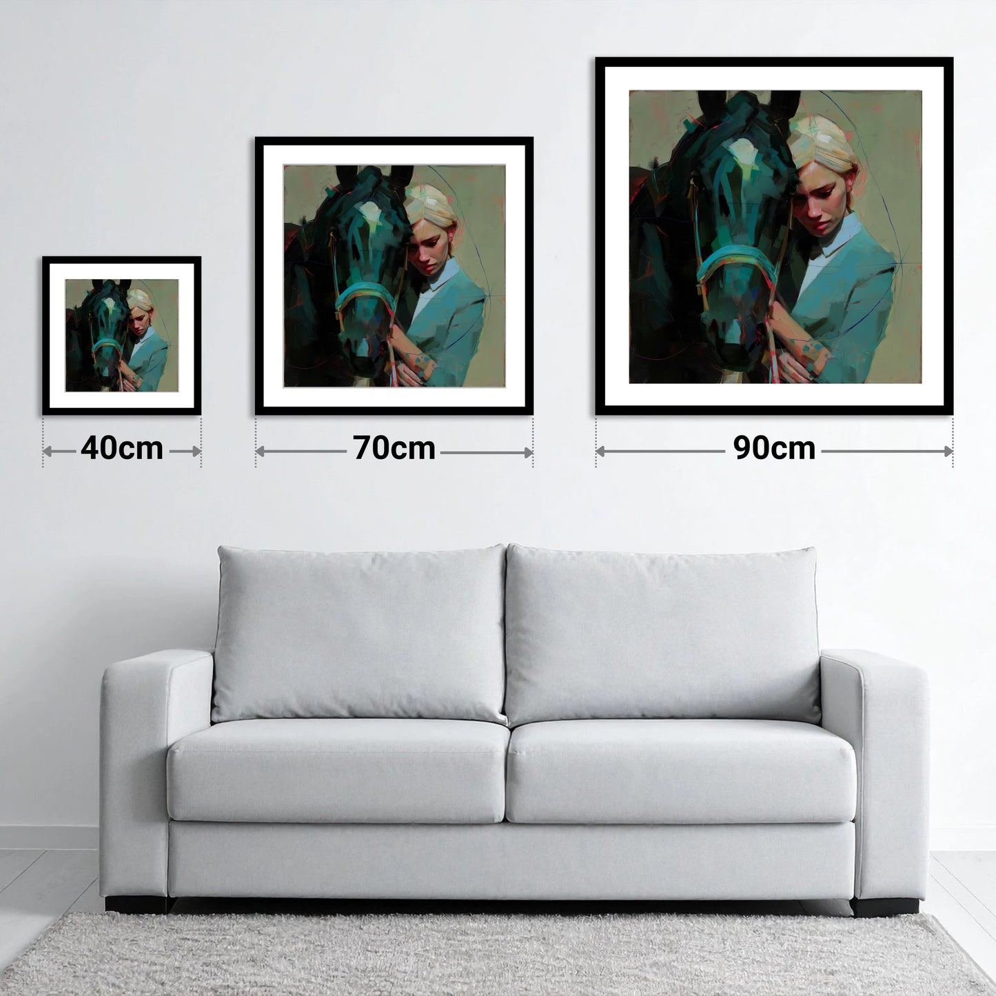 Silent Understanding - size guide showing 40cm, 70cm and 90cm art prints