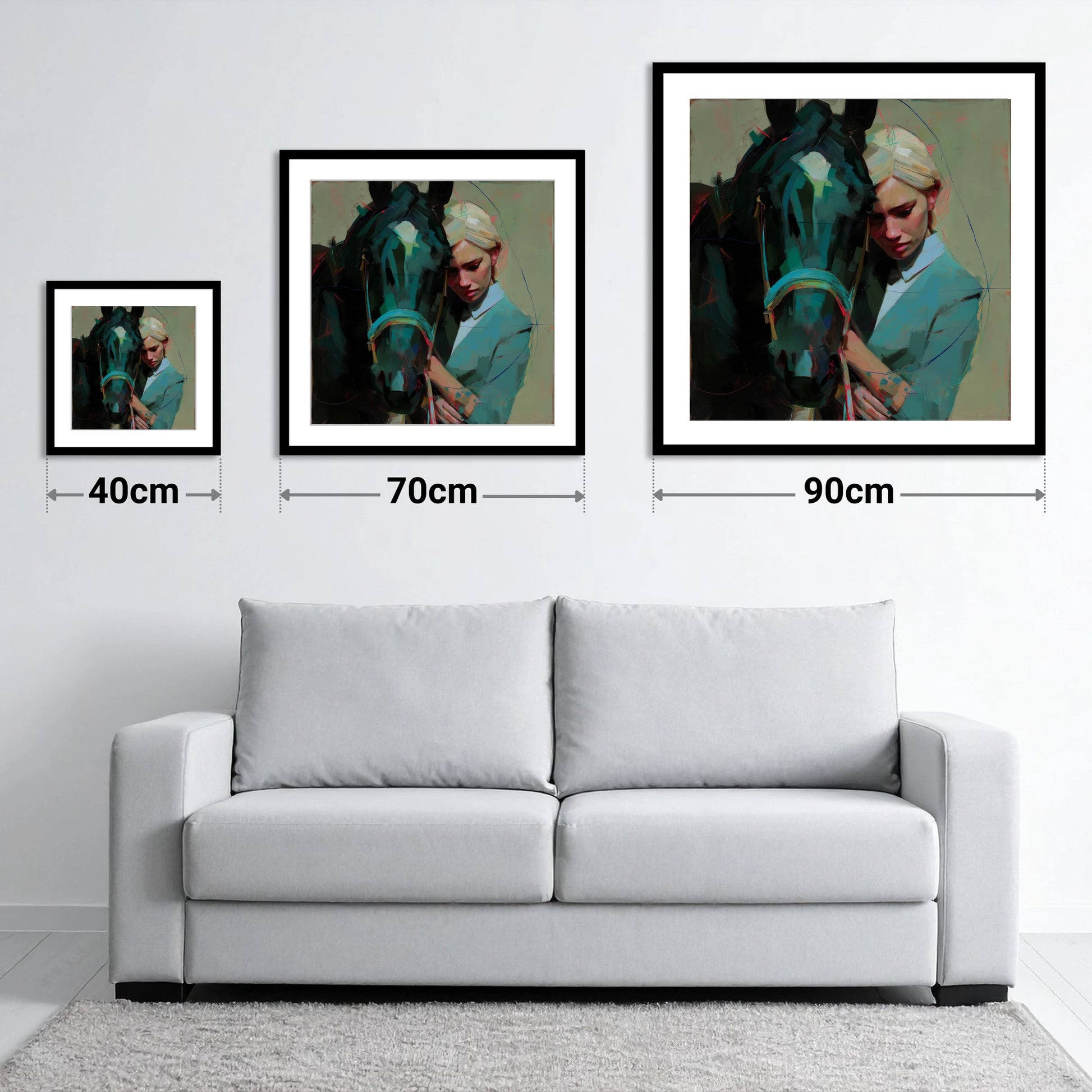 Silent Understanding - size guide showing 40cm, 70cm and 90cm art prints