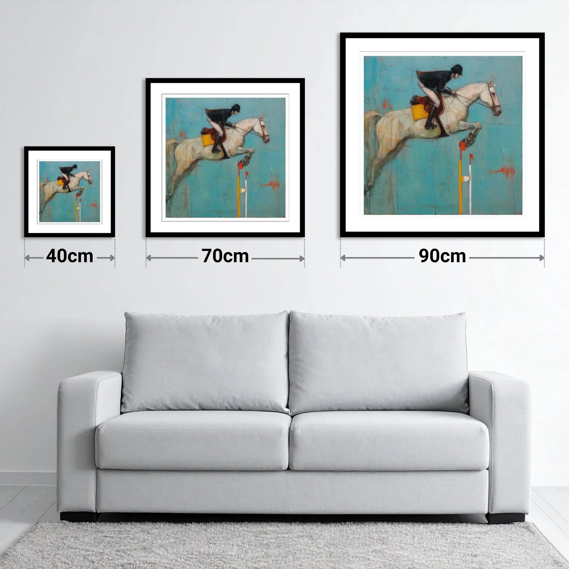 Airborne Over Teal - size guide showing 40cm, 70cm and 90cm art prints